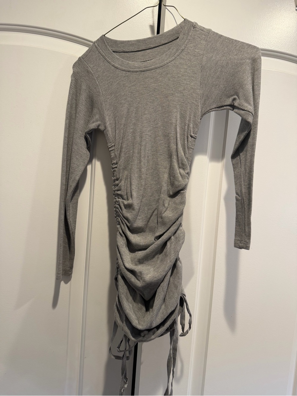 Girls Gray Ruched Long-Sleeve Dress